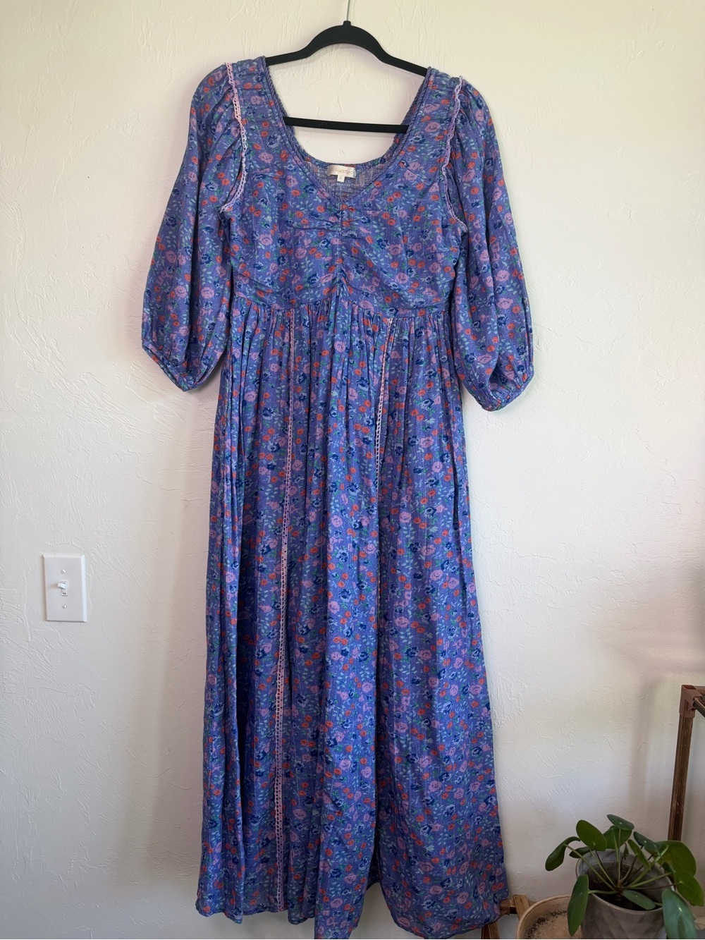 LoveShackFancy Roslyn Floral Puff Sleeve Midi Dress Blue/purple Size 0 - Picture 2 of 6